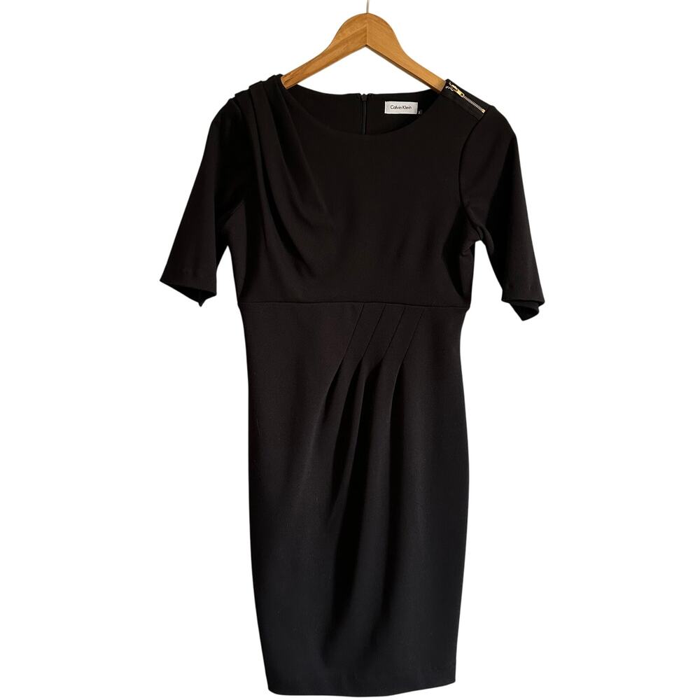 Calvin Klein Black Sheath Dress with Gold Zipper Shoulder